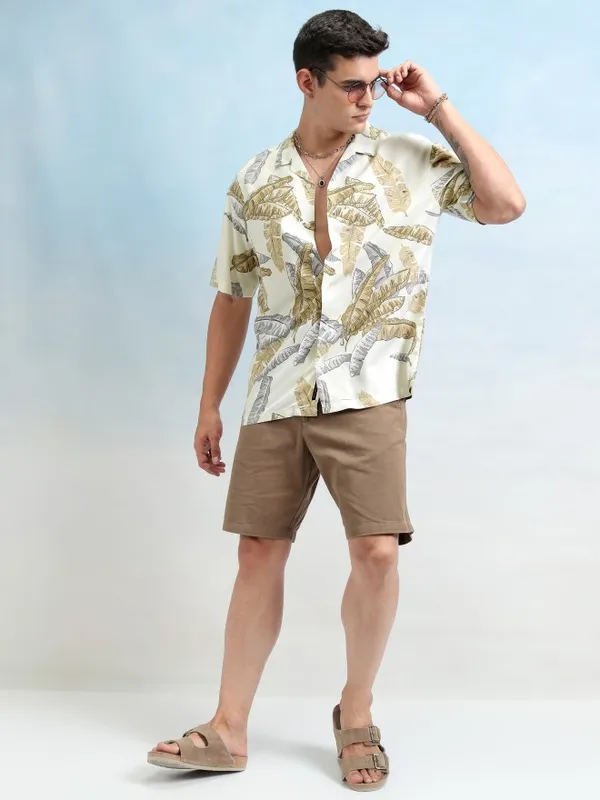 Highlander Men Mustard Printed Oversized Fit Casual Shirt