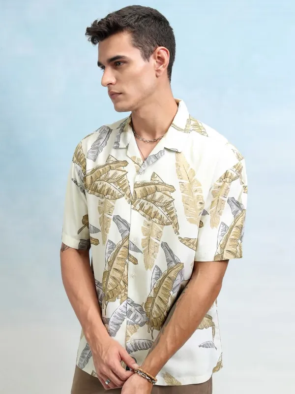 Highlander Men Mustard Printed Oversized Fit Casual Shirt