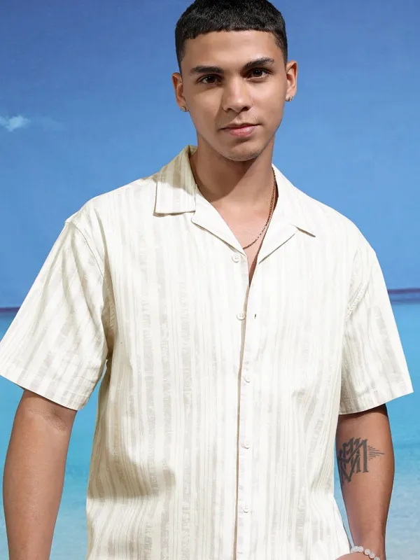 Highlander Men White Striped Relaxed Fit Casual Shirt