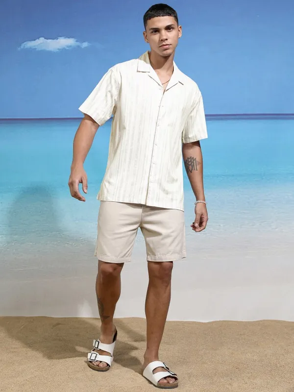 Highlander Men White Striped Relaxed Fit Casual Shirt