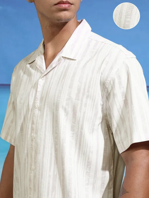 Highlander Men White Striped Relaxed Fit Casual Shirt