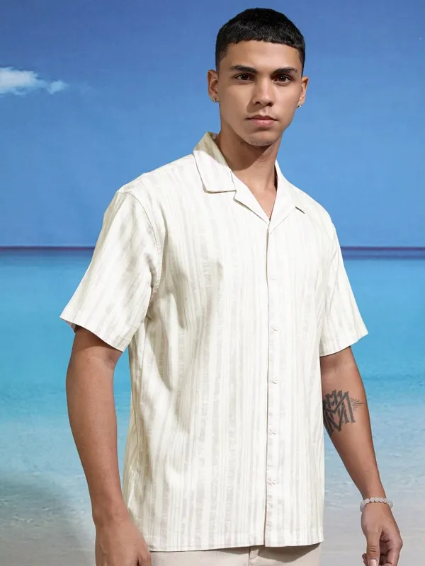 Highlander Men White Striped Relaxed Fit Casual Shirt