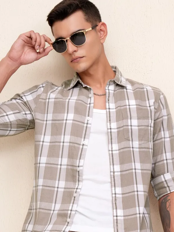 Highlander Men Tan Checked Regular Fit Casual Shirt