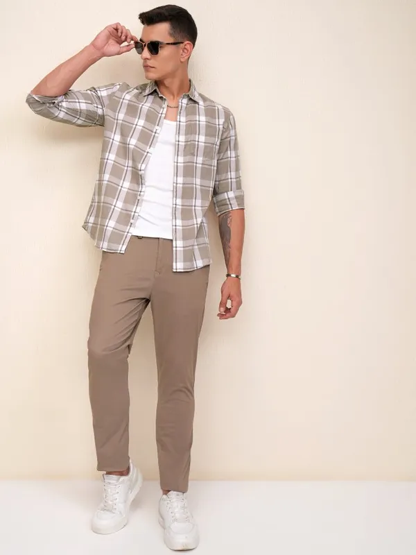 Highlander Men Tan Checked Regular Fit Casual Shirt