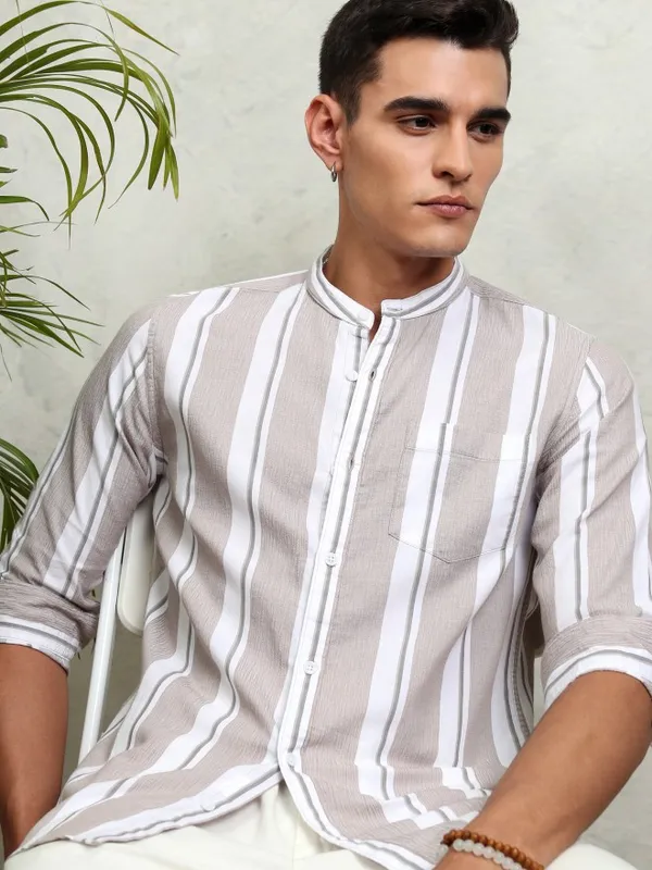 Highlander Men Tan Striped Regular Fit Casual Shirt