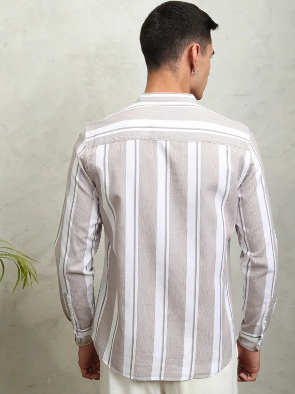 Highlander Men Tan Striped Regular Fit Casual Shirt
