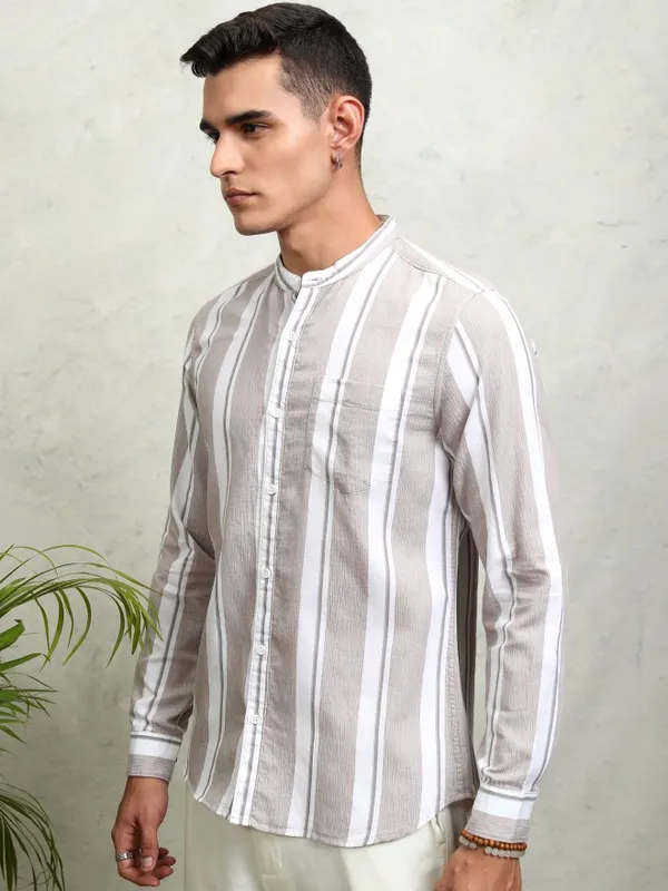 Highlander Men Tan Striped Regular Fit Casual Shirt