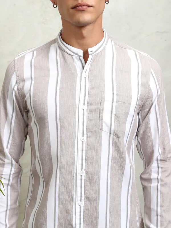 Highlander Men Tan Striped Regular Fit Casual Shirt