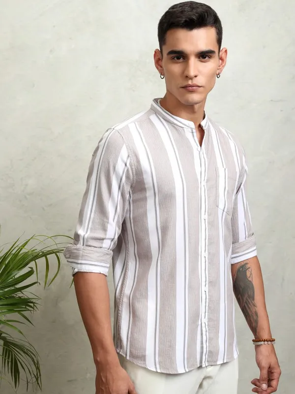 Highlander Men Tan Striped Regular Fit Casual Shirt