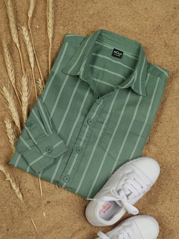 Hoop Boys Green Striped Slim Fit Casual Shirt