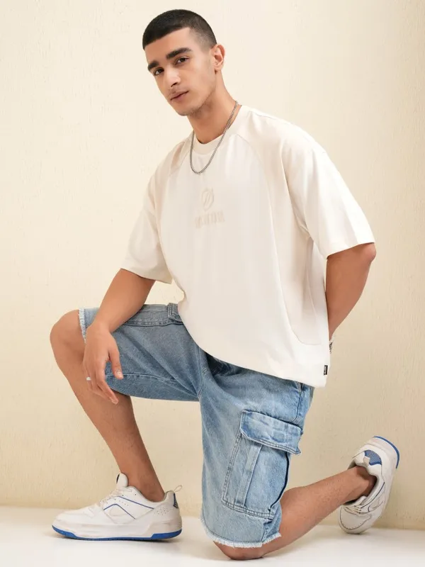 Highlander Men Off White Printed Round Neck Oversized Fit T-Shirt