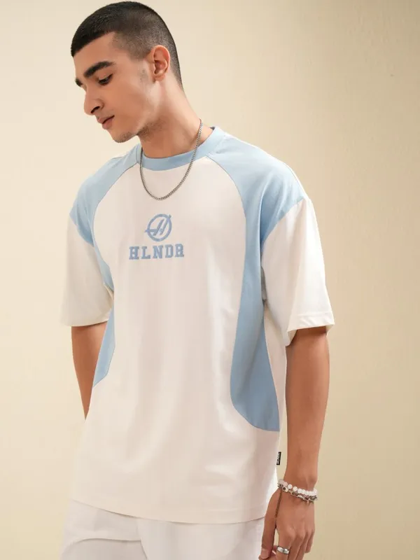 Highlander Men Off White Printed Round Neck Oversized Fit T-Shirt