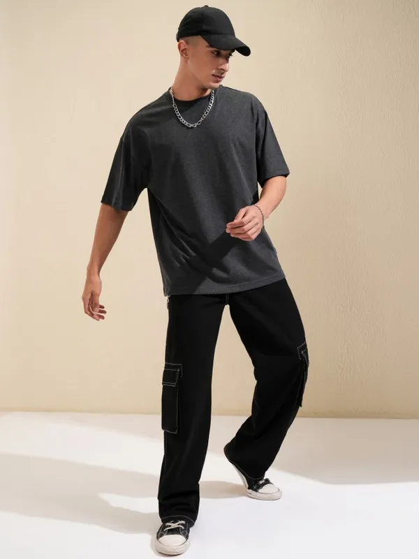 Highlander Men Grey Printed Round Neck Oversized Fit T-Shirt