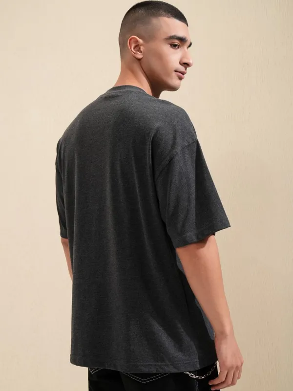 Highlander Men Grey Printed Round Neck Oversized Fit T-Shirt