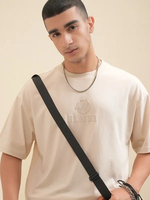 Highlander Men Cream Printed Round Neck Oversized Fit T-Shirt