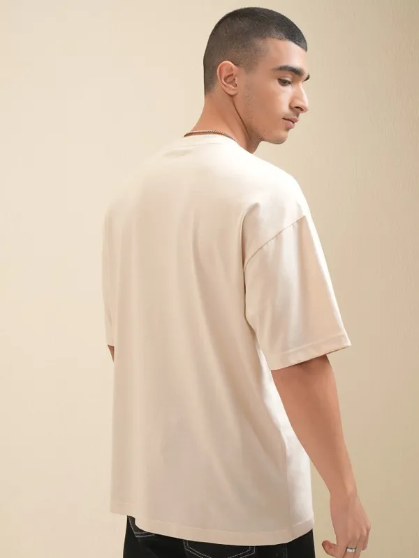 Highlander Men Cream Printed Round Neck Oversized Fit T-Shirt