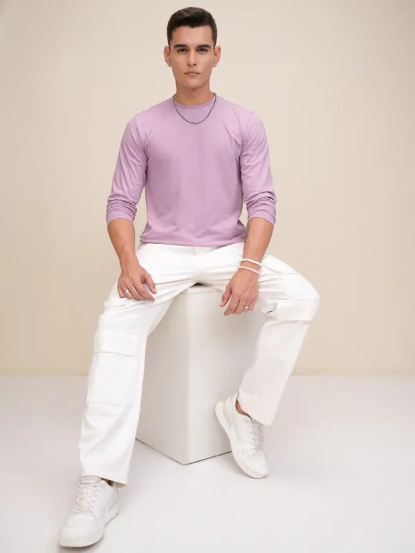 Highlander Men Mauve Self Design Relaxed Fit T-Shirt