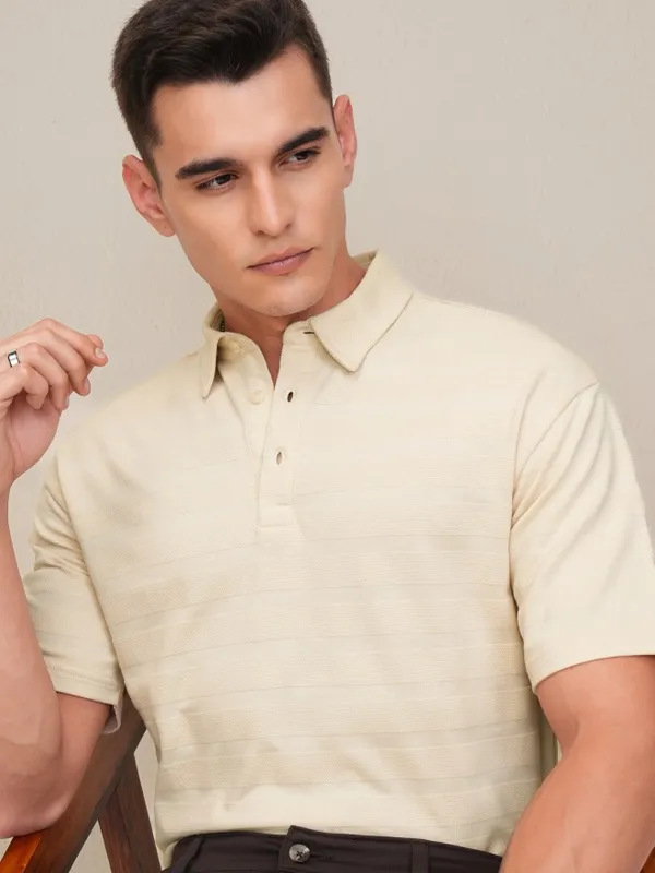 Highlander Men Cream Self Design Polo Collar T-Shirt
