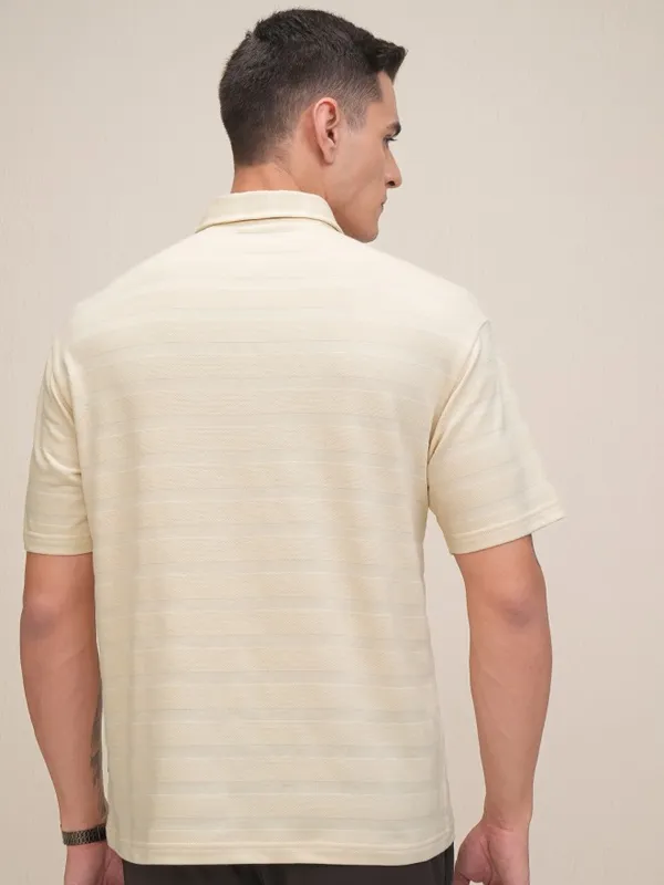 Highlander Men Cream Self Design Polo Collar T-Shirt