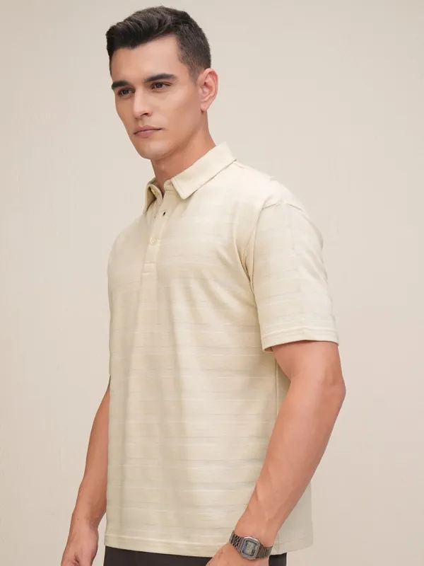 Highlander Men Cream Self Design Polo Collar T-Shirt
