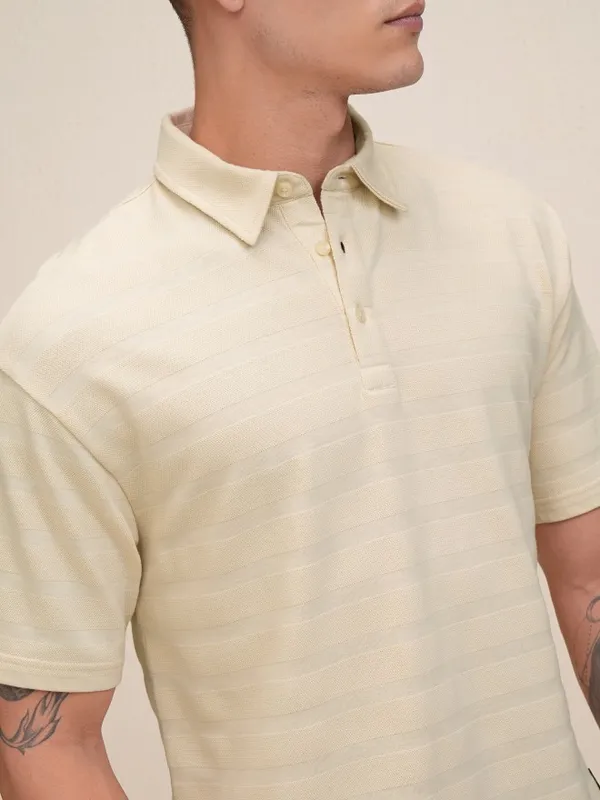 Highlander Men Cream Self Design Polo Collar T-Shirt