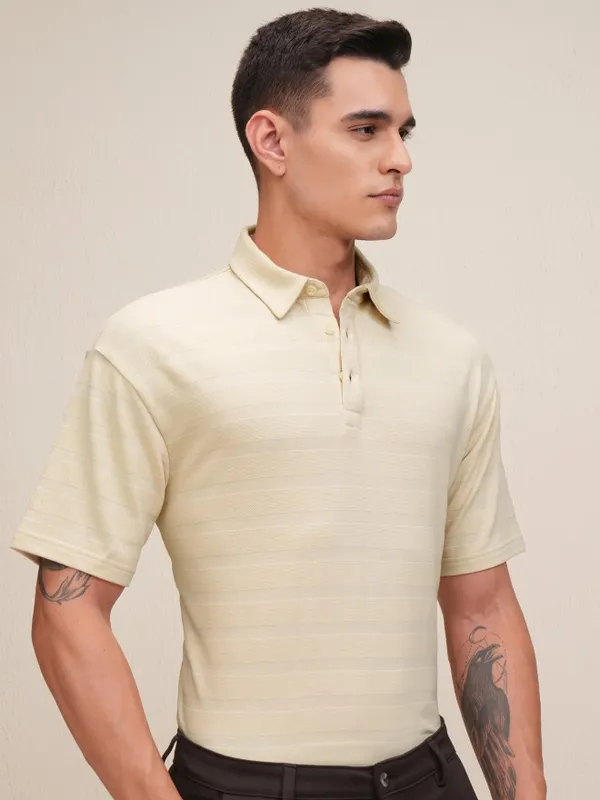 Highlander Men Cream Self Design Polo Collar T-Shirt
