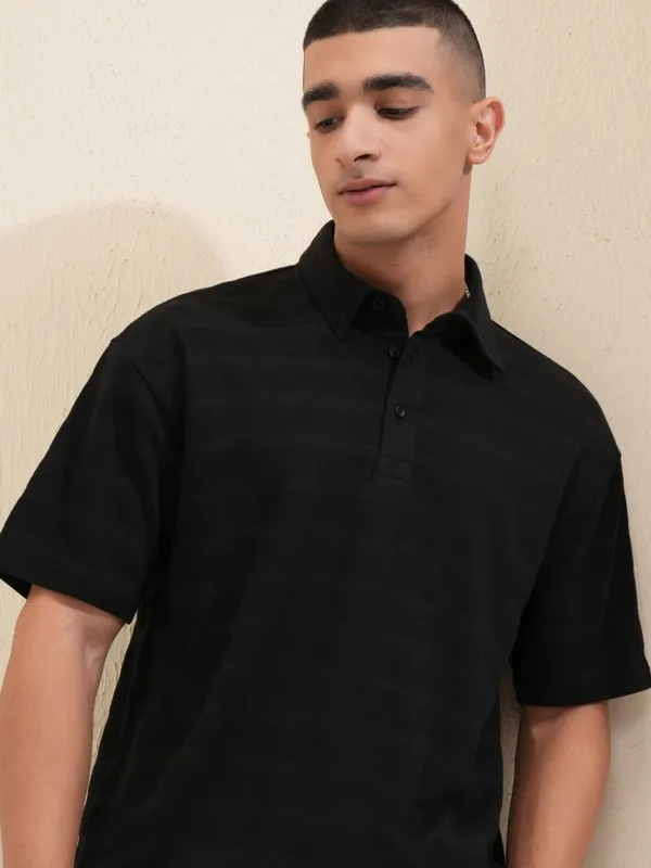 Highlander Men Black Self Design Polo Collar T-Shirt