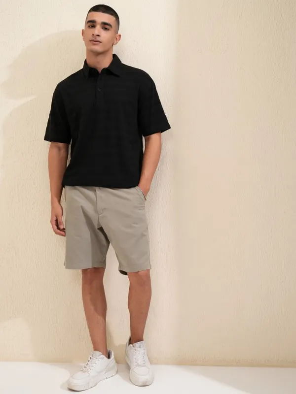 Highlander Men Black Self Design Polo Collar T-Shirt