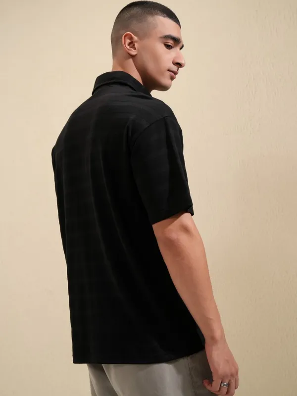 Highlander Men Black Self Design Polo Collar T-Shirt