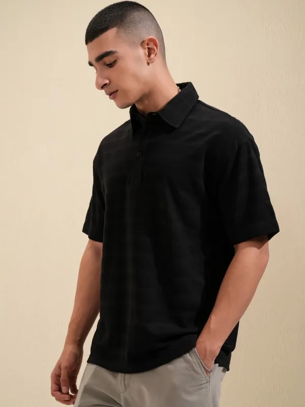 Highlander Men Black Self Design Polo Collar T-Shirt