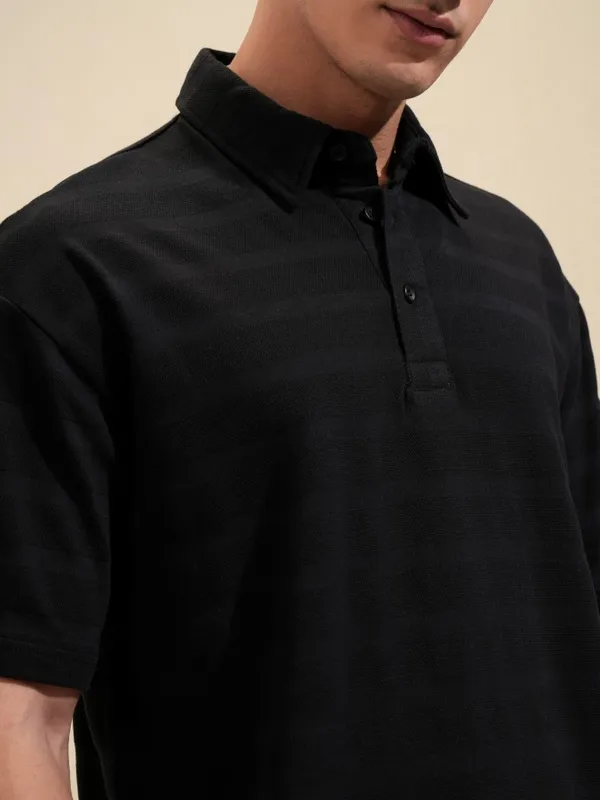 Highlander Men Black Self Design Polo Collar T-Shirt