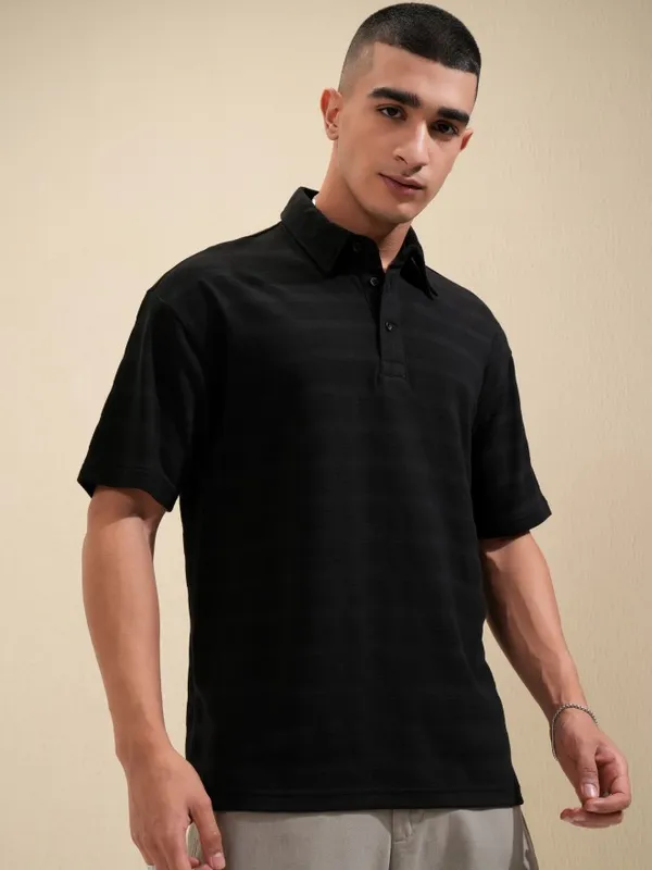 Highlander Men Black Self Design Polo Collar T-Shirt