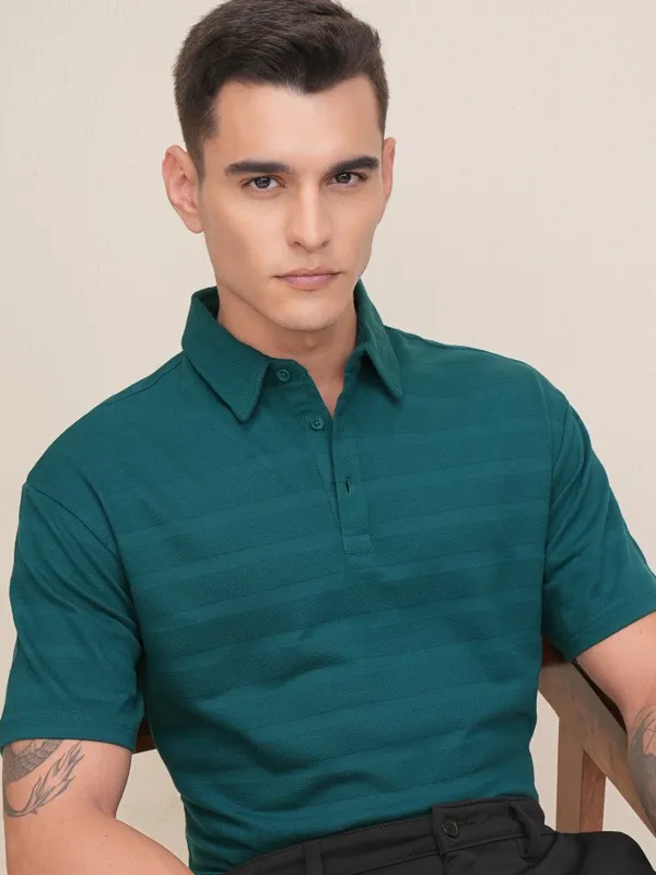Highlander Men Teal Self Design Polo Collar T-Shirt