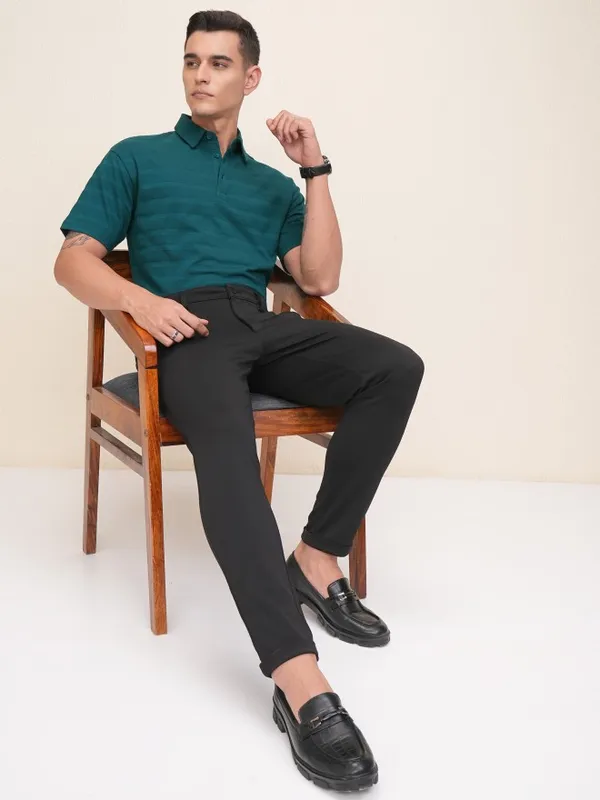 Highlander Men Teal Self Design Polo Collar T-Shirt
