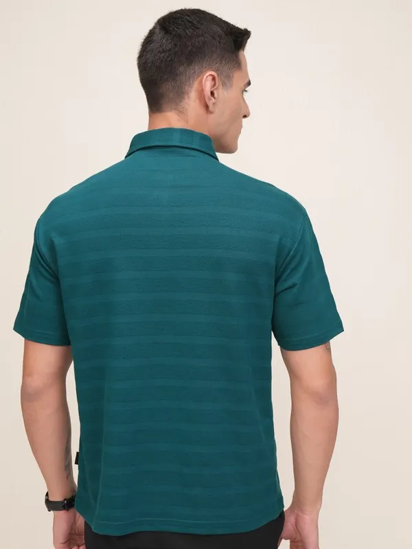 Highlander Men Teal Self Design Polo Collar T-Shirt
