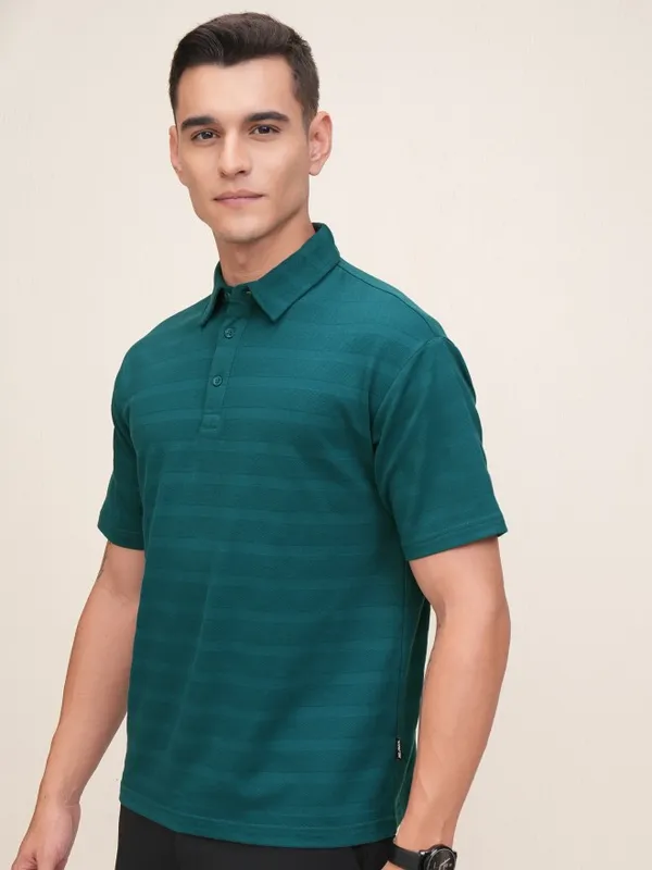Highlander Men Teal Self Design Polo Collar T-Shirt