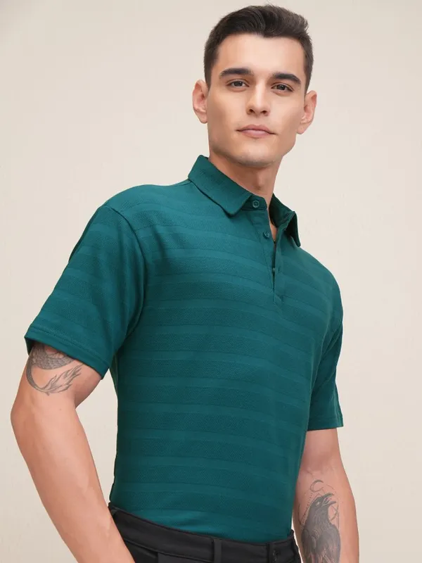 Highlander Men Teal Self Design Polo Collar T-Shirt