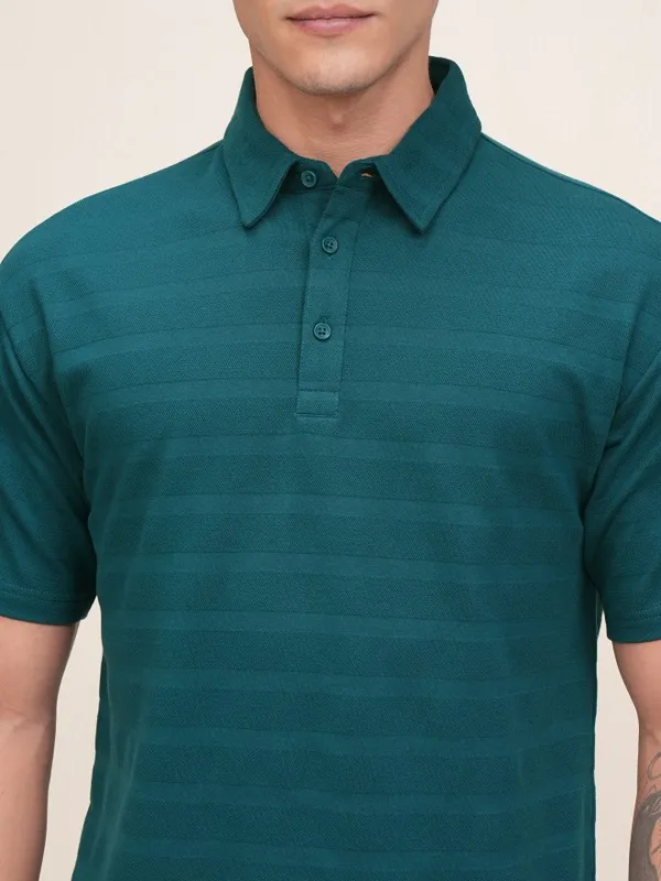 Highlander Men Teal Self Design Polo Collar T-Shirt