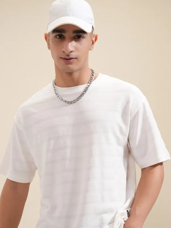 Highlander Men White Textured Round Neck Oversized Fit T-Shirt