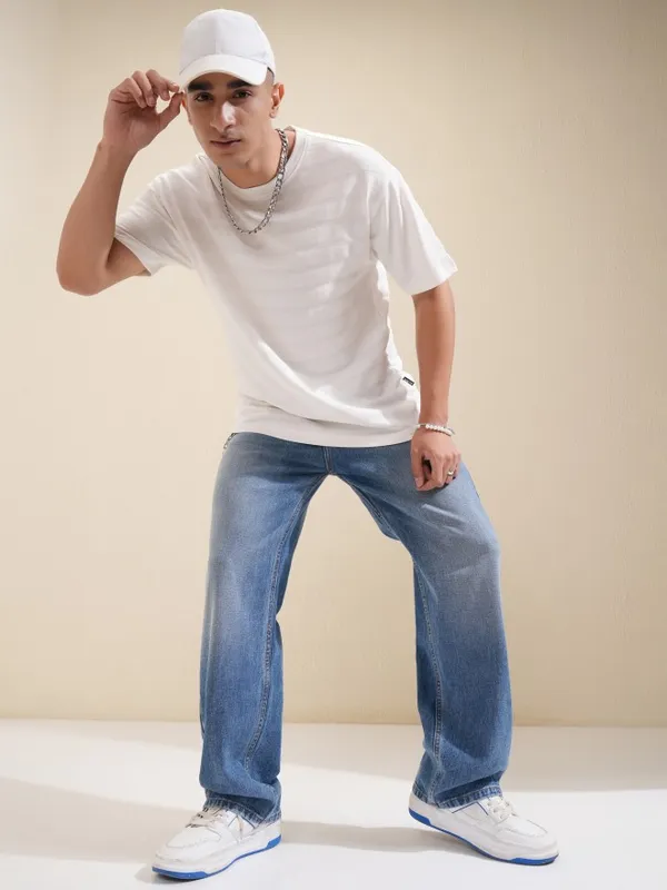 Highlander Men White Textured Round Neck Oversized Fit T-Shirt
