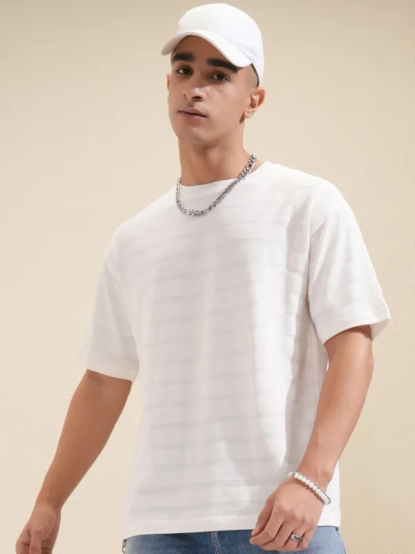 Highlander Men White Textured Round Neck Oversized Fit T-Shirt