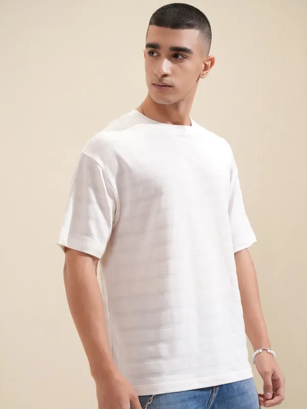 Highlander Men White Textured Round Neck Oversized Fit T-Shirt