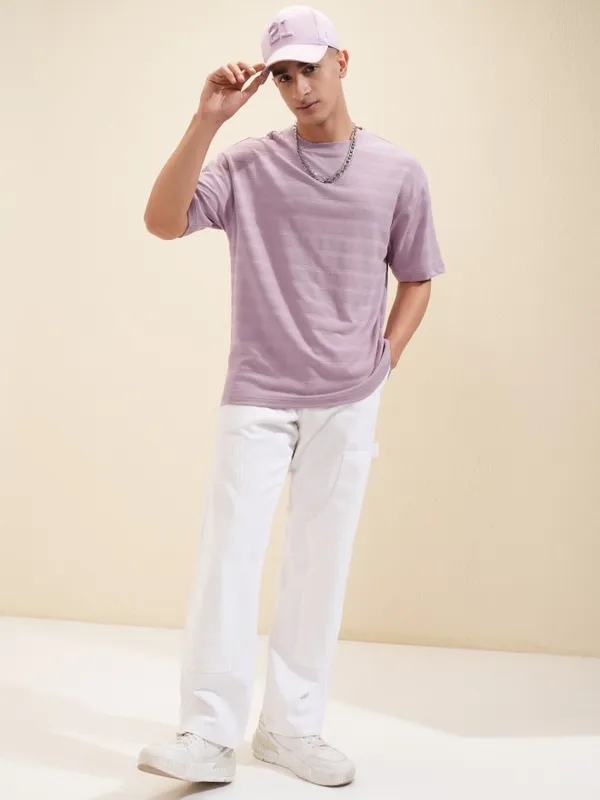 Highlander Men Mauve Self Design Round Neck Oversized Fit T-Shirt