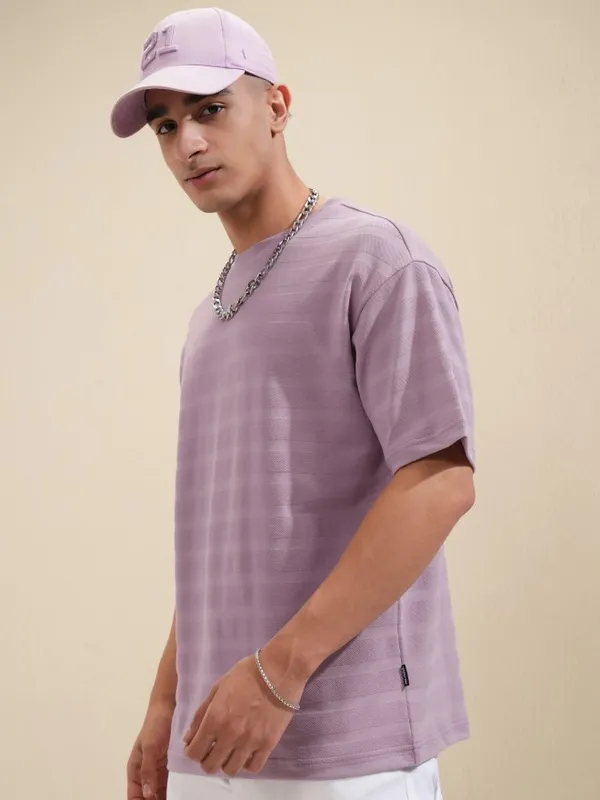 Highlander Men Mauve Self Design Round Neck Oversized Fit T-Shirt