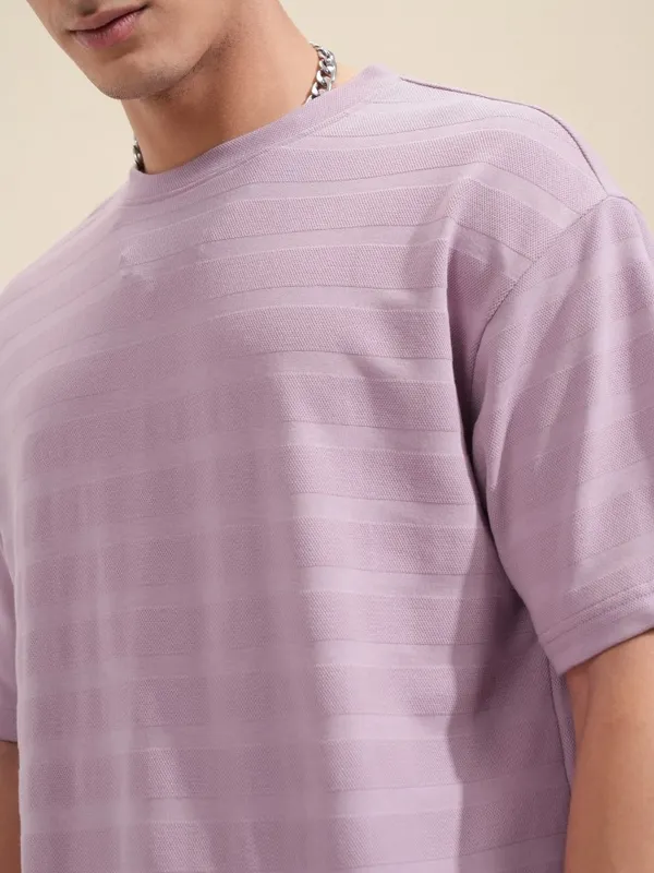 Highlander Men Mauve Self Design Round Neck Oversized Fit T-Shirt