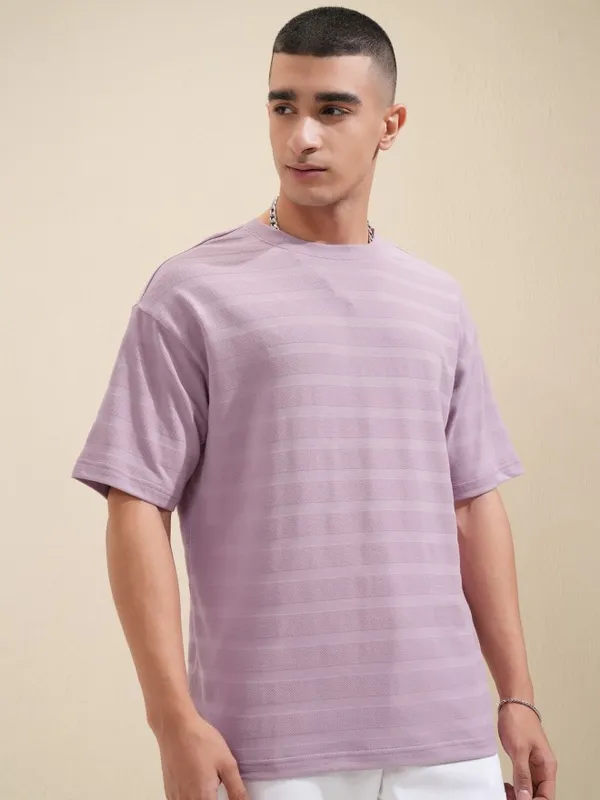 Highlander Men Mauve Self Design Round Neck Oversized Fit T-Shirt