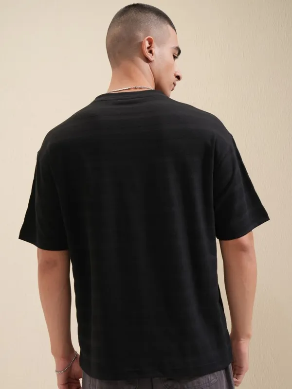 Highlander Men Black Self Design Round Neck Oversized Fit T-Shirt