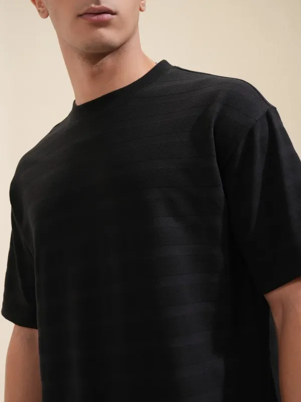 Highlander Men Black Self Design Round Neck Oversized Fit T-Shirt