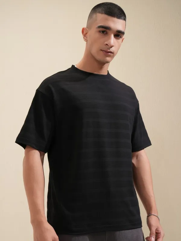 Highlander Men Black Self Design Round Neck Oversized Fit T-Shirt