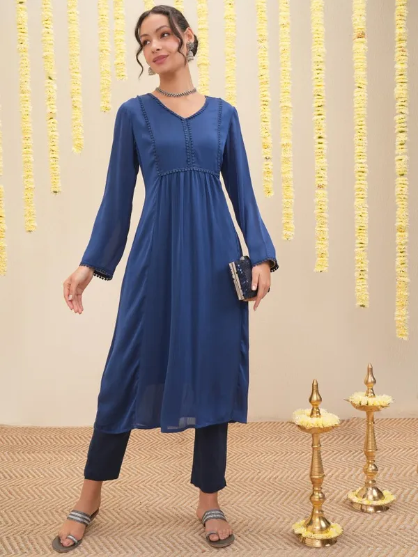 Vishudh Women Navy Blue Solid A-Line Kurta